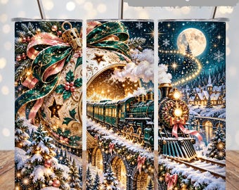 Christmas Train Tumbler Wrap PNG, Vintage Holiday Locomotive 20oz Skinny Sublimation, Snowy Village Ornament, Winter Moon Design Digital Art