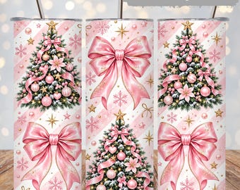 Pink Christmas Tumbler Wrap PNG, Coquette Bow Christmas Tree, Girly Christmas Sublimation, 20oz Skinny Tumbler Straight Tapered Digital Wrap