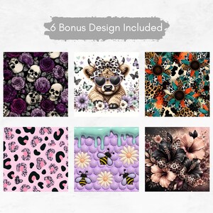 Peut inclure: Un ensemble de six motifs graphiques num&eacute;riques comprenant un motif de cr&acirc;nes et de roses violettes, une vache highland avec un n&oelig;ud l&eacute;opard et des lunettes en forme de c&oelig;ur, des tournesols l&eacute;opard, un motif l&eacute;opard rose, des abeilles et des hibiscus.
