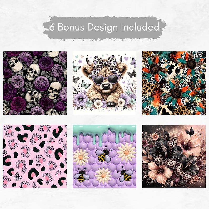 Peut inclure: Un ensemble de six motifs graphiques num&eacute;riques comprenant un motif de cr&acirc;nes et de roses violettes, une vache highland avec un n&oelig;ud l&eacute;opard et des lunettes en forme de c&oelig;ur, des tournesols l&eacute;opard, un motif l&eacute;opard rose, des abeilles et des hibiscus.