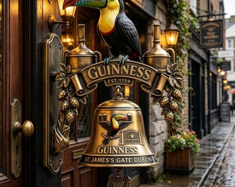 Guinness Toucan Doorbell Wall Bell | Vintage Pub Style Hanging Door Chime | Tropical Bird Decor | Rustic Entryway Accent
