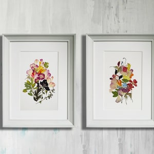 Set di 2 stampe botaniche, opere d'arte, fiori pressati, arte floreale incorniciata, erbario da parete, decorazioni con fiori secchi, illustrazione artistica da parete incorniciata