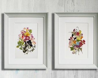 Unframed Set of 2 botanicals prints art works Pressed flower art Framed floral art Wall Herbarium