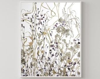 Blumenwandkunst, gepresste botanische Grafik, Lavendelkunst, Kräuter Herbarium, getrocknete Blumenkunst, hellgrüne Blätter der Wandkunst