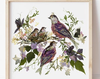 Bird Nest Pressed Flower Art Print: Botanical Collage (10x10 inches)