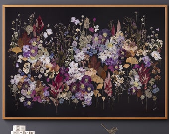 Large Botanical Print 60x40 Inches, Pressed Flower Art on Black, Oversized Herbarium Wall Art, Botanical Wall Decor, Nature wall art