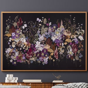 Stampa botanica 60''x40'' pollici, grande stampa floreale, arte di fiori pressati, grande erbario, stampa di fiori secchi, sfondo nero