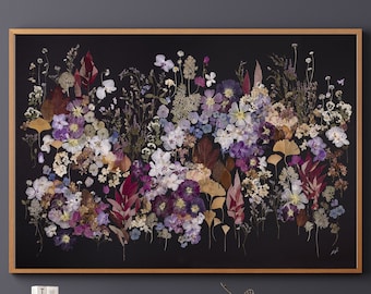 Grande impression botanique : fleurs séchées pressées sur fond noir (60 x 40 po.)
