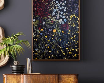 Large dried flower wall art, pressed flowers on black, floral decor, large herbarium