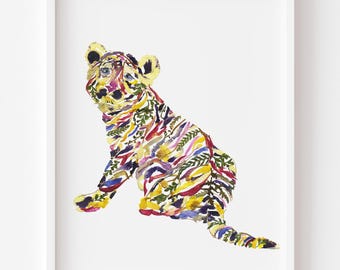Tiger Flowers Print: Dried Floral Art, Animal Wall Decor