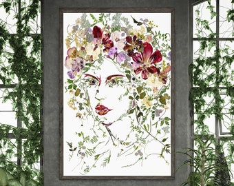 Pressed Flower Woman Art Print: Botanical Portrait (20x31'')