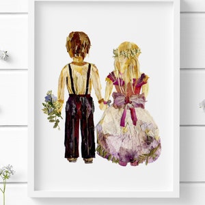 Kleine jongen en meisje hand in hand geperste bloemen PRINT, bloemenmeisje cadeau, kunst aan de muur kinderkamer, inrichting kinderkamer, valentijnskaarten