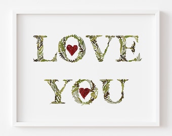 I love you wall art Pressed fern artwork Print I love you Floral collage, I love you wall art Pressed fern,  Gift for her