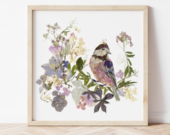 Pressed flowers print set bird art set Botanical artworks Dried flowers nursery bird artpastel colors flower set bird wall art vintage