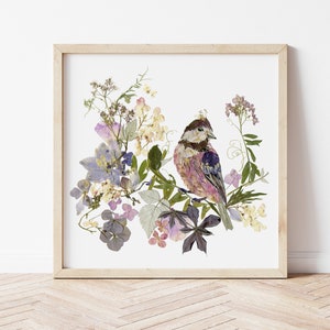 Pressed flowers print set bird art set Botanical artworks Dried flowers nursery bird artpastel colors flower set bird wall art vintage