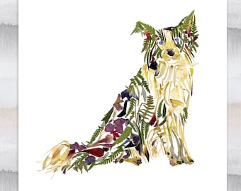 Stampa cane 8''x10'' Arte dei fiori pressata Arte del cane Arte dei fiori secchi parete d'arte del cane arte floreale arte del fiore Cane regalo inferiore Nursery decor Border Collie