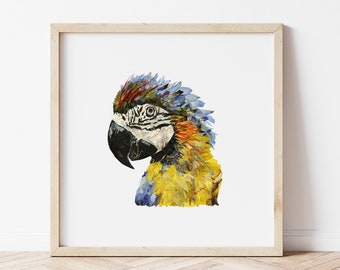 Parrot Pressed Flowers Print, 8''x8'', Blue and Gold Macaw, Birds print