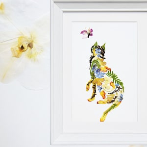 Floral cat print Pressed flowers cat and butterfly picture Cat lover gift Dried flower art print Nursery decor Animal print Cat wall art image 2
