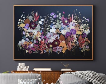 Large dry flower, pressed flower art, Botanical art black background, plant artwork, nature home decor, black  flower wall art, Herbarium