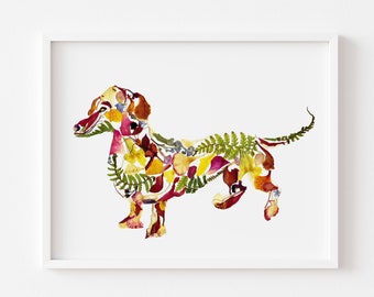Dog wall art, Teckel pressed flower print, Floral teckel art, Animal art print, Nursery wall art, Dog portrait,dry flower art, flower art