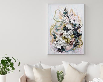 Abstract art, nature flower collage, wall art living room nature,organic art, dry flowers art, Mixed media collage,