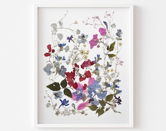 Original pressed flower artwork A3 plants picture Dried flowers art Floral collage Flowers wall art Blue Red pink flowers