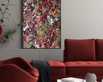 Red dried flower herbarium, large pressed flowers picture, Wall art living room fall leaves