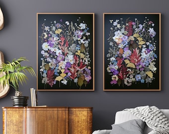 Black botanical print set, Pressed flowers art, Dark floral print, Large flower art set of 2