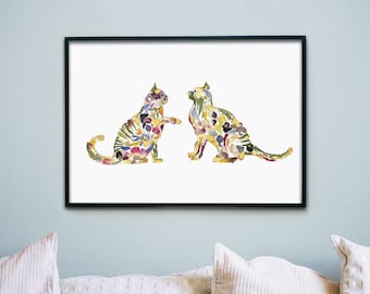 Cats playing print Pressed flower art Gift for cat lover Kind room decor Dry pressed flower Cat art Nursery wall decor Flower print cats