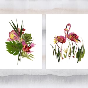 Set di stampe artistiche di fiori pressati di fenicotteri, stampe botaniche 8x10, stampe floreali, decorazioni da parete, decorazioni per la cameretta dei bambini, stampe di uccelli per bambine, set di uccelli tropicali