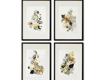 Framed botanical print set Pressed flower art Herbarium Flower prints wall art Pressed plant art prints Framed wall art Set of 4 prints