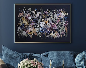 May include: A framed print of a floral arrangement with dried flowers in shades of purple, pink, white, and brown against a black background.