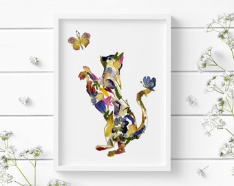 May include: A white frame with a white background featuring a cat silhouette made of pressed flowers. The cat is facing the right side of the frame and has a butterfly above its head.