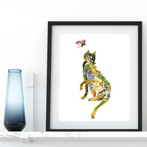 Floral cat print Pressed flowers cat and butterfly picture Cat lover gift Dried flower art print Nursery decor Animal print Cat wall art image 1