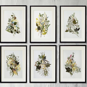 Set of 6  botanical prints artworks collection Contemporary art Dried flowers decor Picture art Pressed flower frame Herbarium artwork
