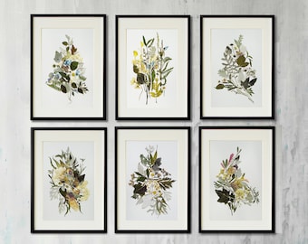 Set of 6  botanical prints artworks collection Contemporary art Dried flowers decor Picture art Pressed flower frame Herbarium artwork