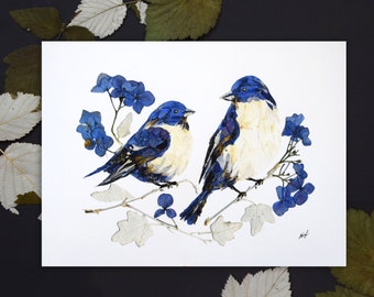 Pressed flower birds print Bluebirds picture Dried flowers wall art Botanical print Plant art Floral birds decor