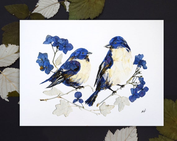 ブルーバードの押し花プリント、鳥の花のプリント、自然アート、愛と鳥