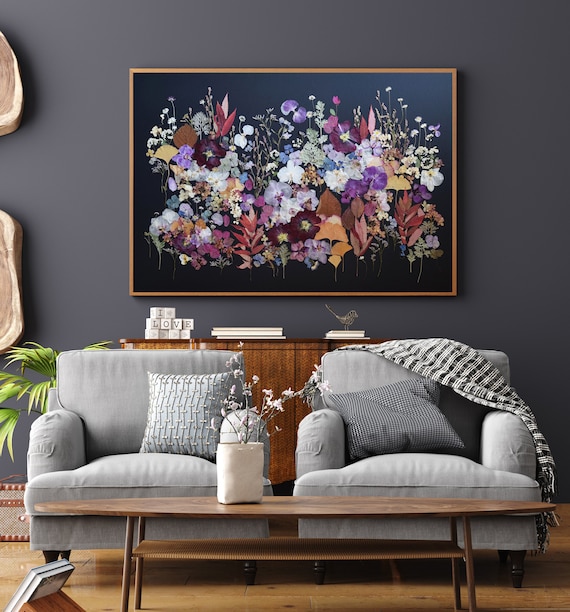 Large Pressed Flower Art: Botanical Collage on Black Paper