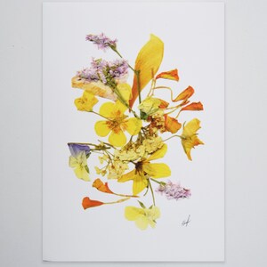 Puede incluir: Una impresi&oacute;n de arte de flores prensadas con un ramo de flores amarillas, naranjas y moradas sobre un fondo blanco.