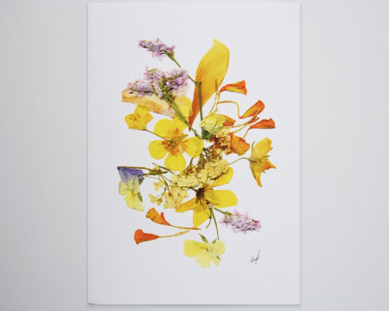 Puede incluir: Una impresi&oacute;n de arte de flores prensadas con un ramo de flores amarillas, naranjas y moradas sobre un fondo blanco.