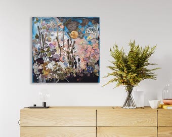 Pressed Flower & Abstract Painting on Linen Canvas: Botanical Wall Art