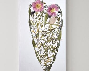 Pressed flowers heart Dry flowers collage Love you art Flowers painting Heart from  plants green and pink heart Botanical artwork