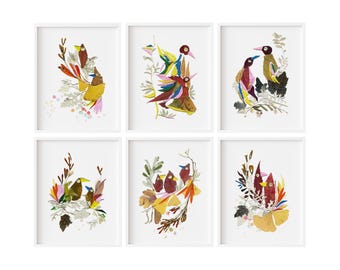 Pressed Flower Bird Art Print Set: Vintage Botanical Collage