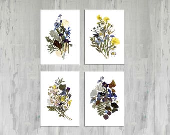 Botanical print set Herbarium prints flower prints wall art Living room decor Pressed flowers Dried flowers prints Art set Set of 4 prints