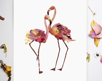 Flamingo art Print Pressed flower art Dry flower arrangement Botanical Dried flowers Flamingo print Pink flamingos Pressed flowers wall art