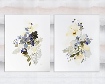 Pressed flower prints Set of 2 prints Contemporary art Dry flower decor Herbarium Floral print wall art Botanical print Floral blue flowers