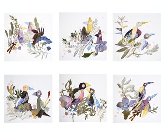 Funny birds print set Pressed flowers art print set Nursery decor Love birds Whimsical Animal Art  nursery print set cute funny bird poster