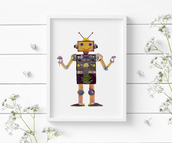 Print Pressed Flowers Art Robot Robot Art Flowers Painting Art Boys Etsy Print Flower Wall Dry Robot Bedroom Robot From Decor Nursery Art Decor -