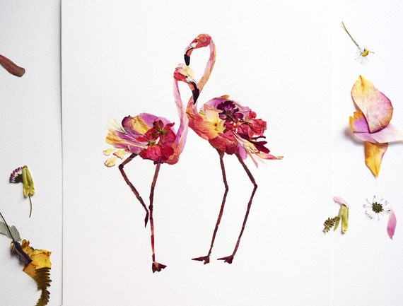Flamingo art Print Pressed flower art Dry flower arrangement | Etsy
